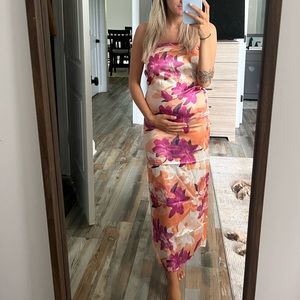 Floral Print Strapless Cut Out Flowy Satin Vacation Maxi Dress